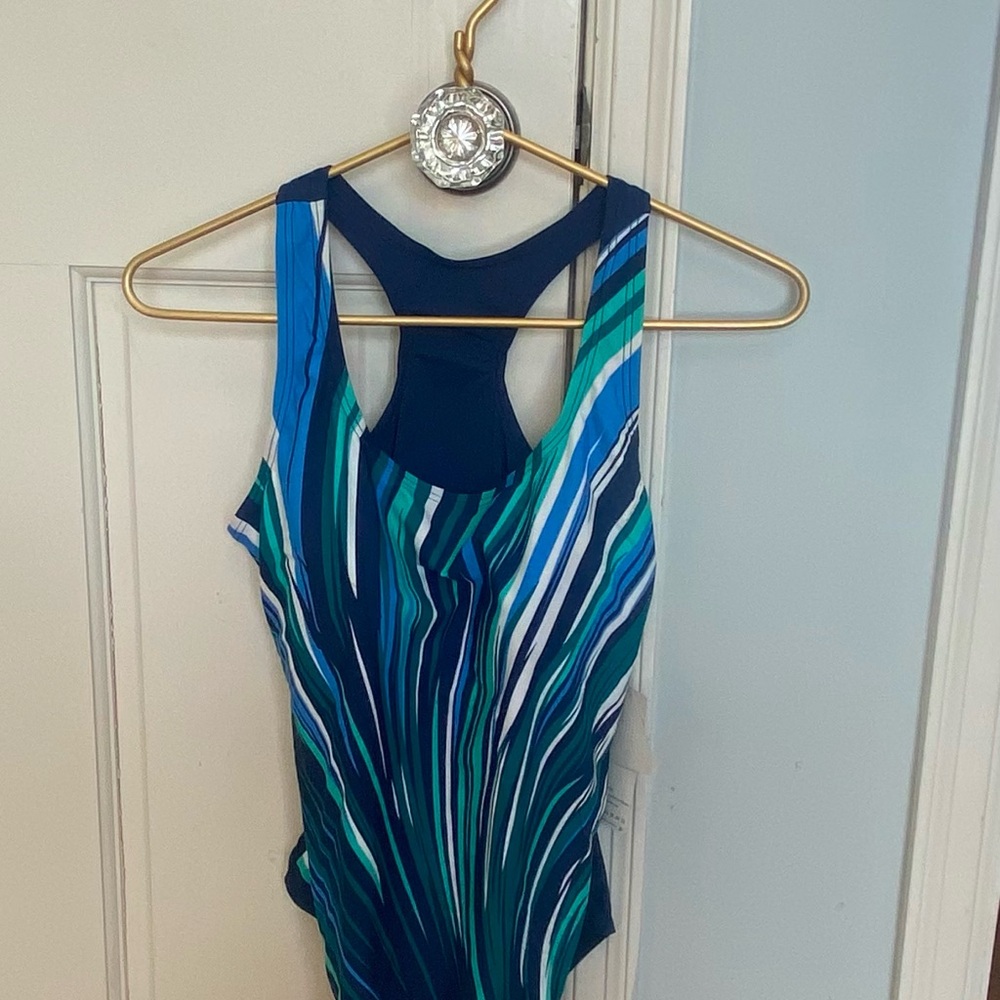 NWT Blue, teal & white Striped One Pieve- perfect for lap swimming or relaxing!